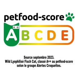Source septembre 2023.
Wild Lyophilisé Salmon Cat, classé A++ au petfood-score 
selon le groupe Alertes Croquettes.