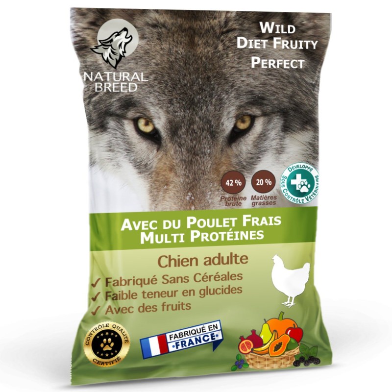 Wild Diet Fruity Perfect - Aliment complet sans céréales pour Chien adulte, Riche en Poulet Frais, Canard, Dinde avec des Fruits
