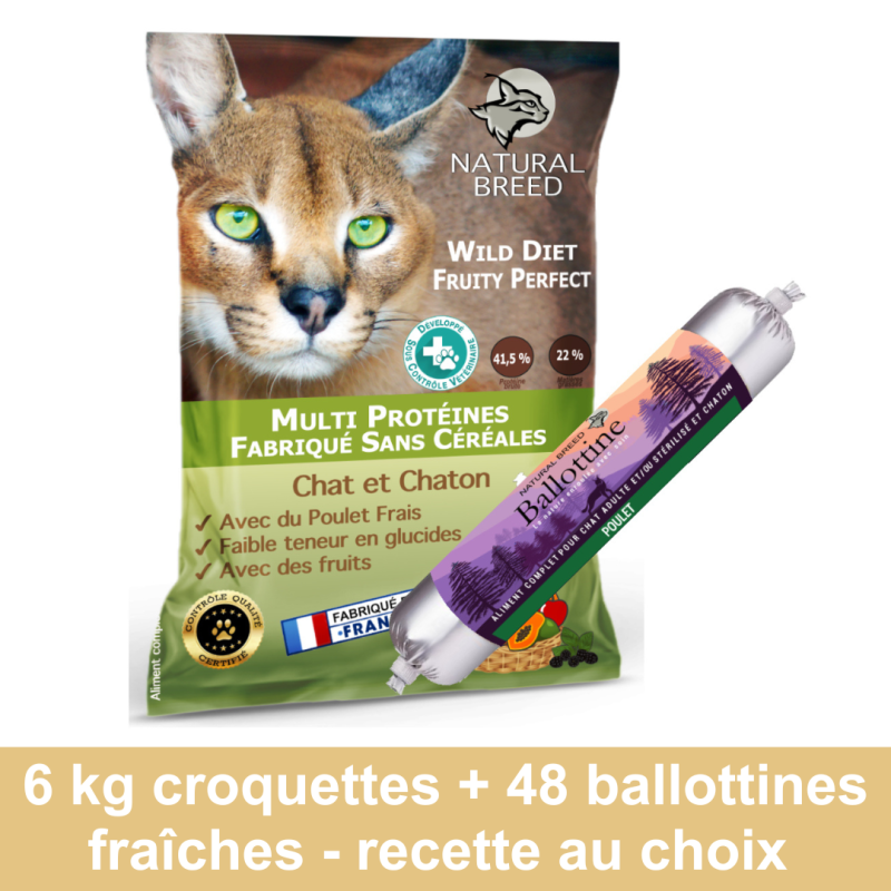 Pack Bi Nutrition personnalisé : Croquettes Wild Diet Fruity 6kg + Ballottines Fraîches x48 — recettes au choix