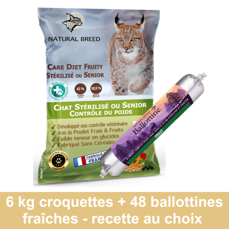 Pack Bi Nutrition personnalisé : Croquettes Care Diet Fruity 6kg + Ballottines Fraîches x48 — recettes au choix