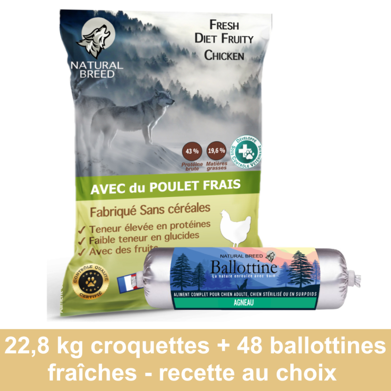 Pack Bi Nutrition sur mesure: Croquettes Fresh Diet Fruity 22,8kg + Ballottines Fraîches x48