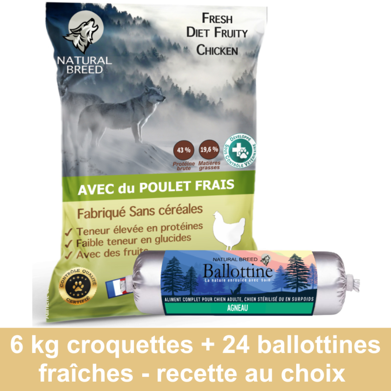 Pack Bi Nutrition sur mesure: Croquettes Fresh Diet Fruity 6kg + Ballottines Fraîches x24