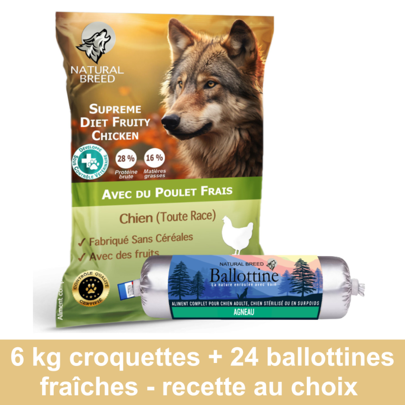 Pack Bi Nutrition sur mesure: Croquettes Supreme Diet Fruity 6kg + Ballottines Fraîches x24