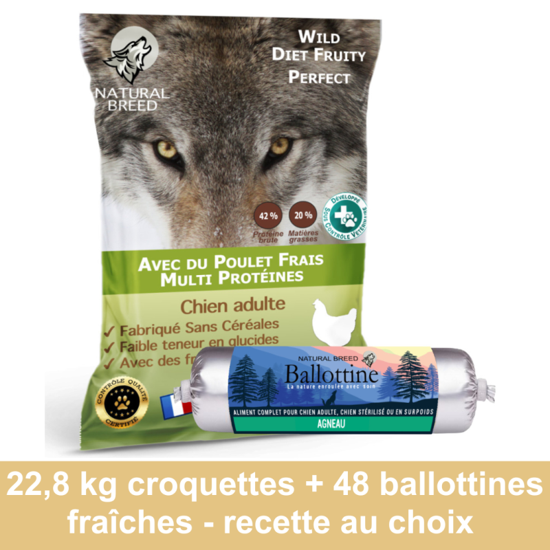 Bi Nutrition sur mesure: Croquettes Wild Diet Fruity 22,8kg + Ballottines Fraîches x48