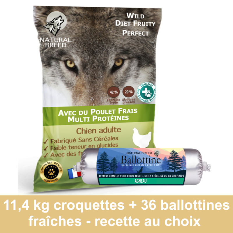 Pack Bi Nutrition sur mesure: Croquettes Wild Diet Fruity 11,4kg + Ballottines Fraîches x36