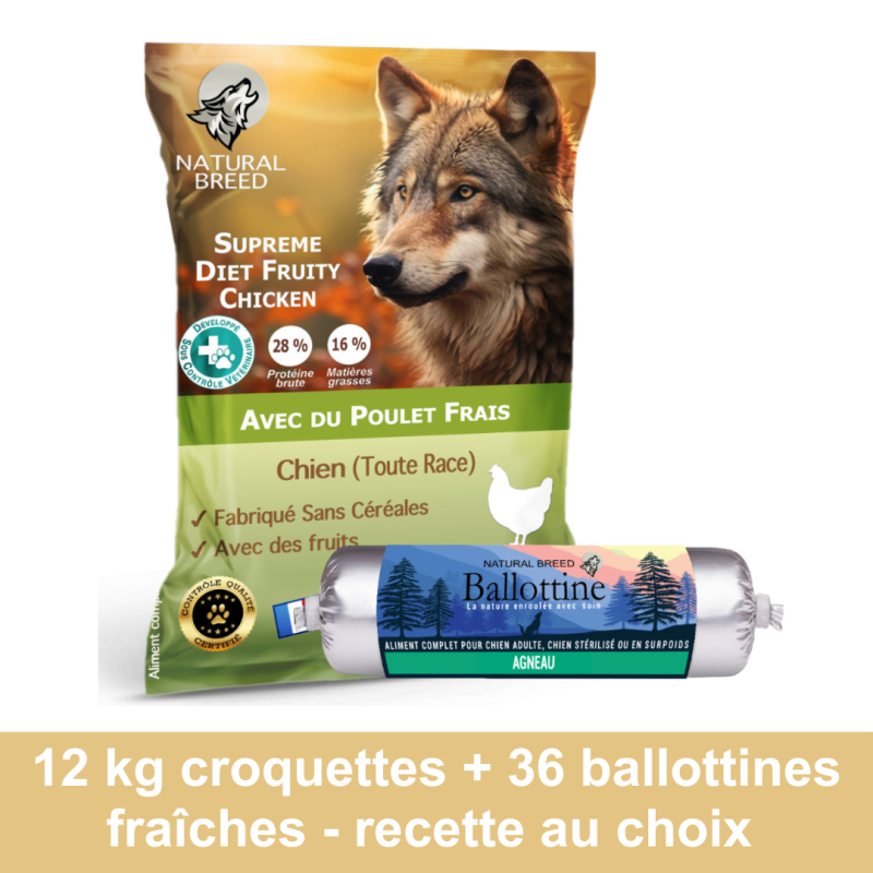 Pack Bi Nutrition sur mesure: Croquettes Supreme Diet Fruity 12kg + Ballottines Fraîches x36