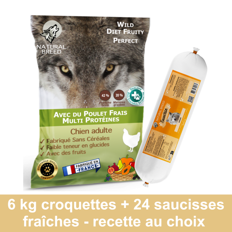 Pack Bi Nutrition sur mesure: Croquettes Wild Diet Fruity 6kg + Saucisses Fraîches x24