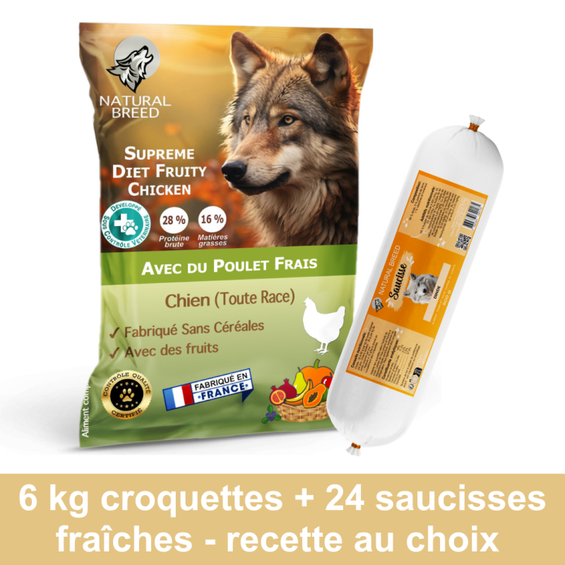 Pack Bi Nutrition sur mesure: Croquettes Supreme Diet Fruity 6kg + Saucisses Fraîches x24