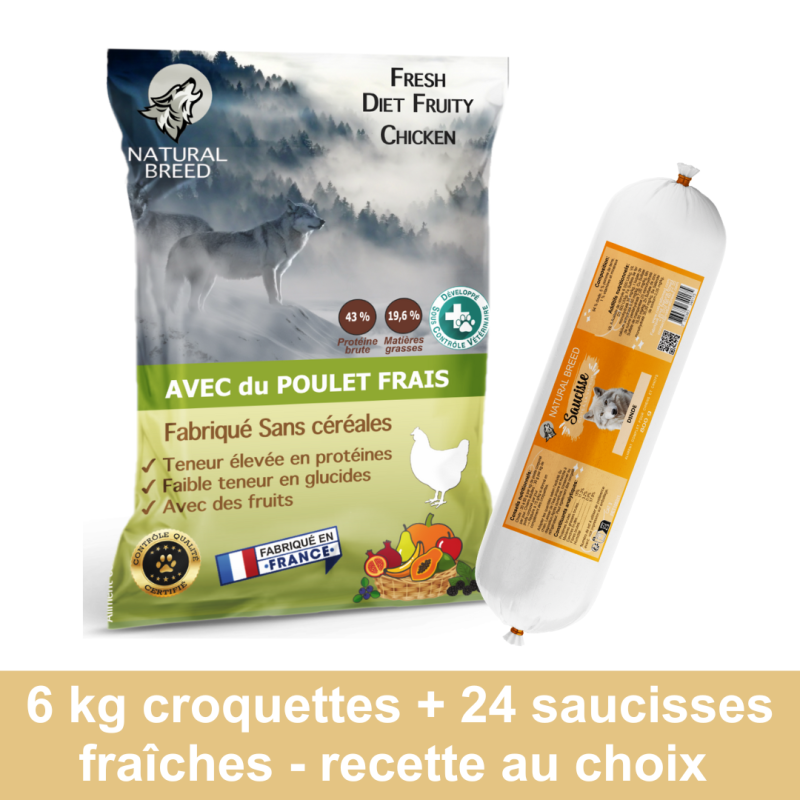 Pack Bi Nutrition sur mesure: Croquettes Fresh Diet Fruity 6kg + Saucisses Fraîches x24