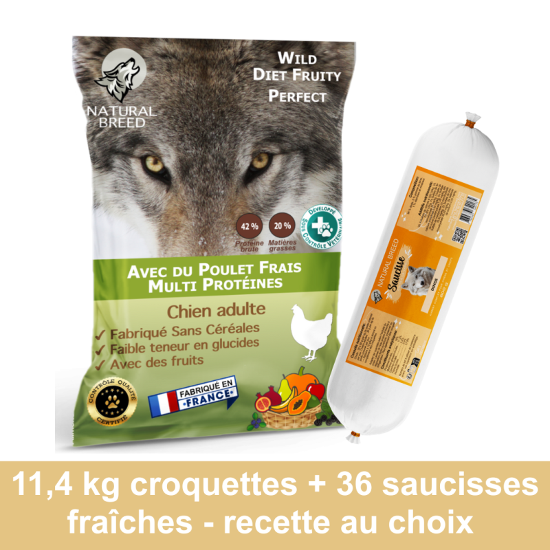 Pack Bi Nutrition sur mesure: Croquettes Wild Diet Fruity 11,4kg + Saucisses Fraîches x36