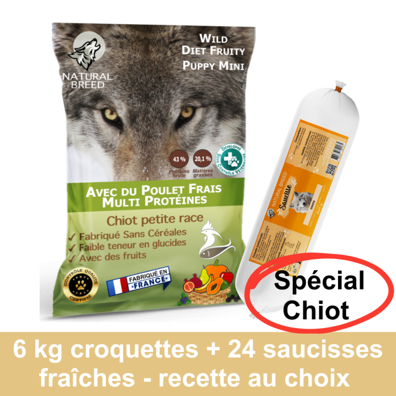 Pack Bi Nutrition chiot (petite race) : Croquettes Wild Diet Fruity 6kg + Saucisses Fraîches x24
