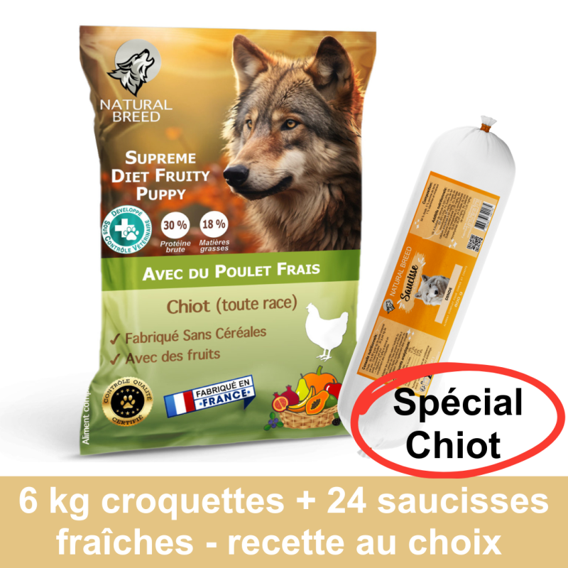 Pack Bi Nutrition sur mesure: Croquettes Supreme Diet Fruity CHIOT 6kg + Ballottines Fraîches x24