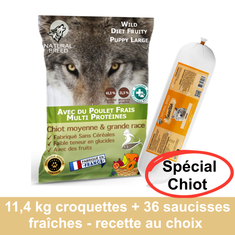Pack Bi Nutrition chiot : Croquettes Wild Diet Fruity 11,4kg + Saucisses Fraîches x36