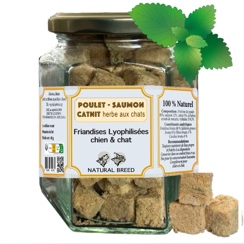Friandises lyophilisées au poulet, saumon et catnip pour chien et chat | Natural Breed