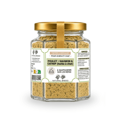 Topper lyophilisé pour Chien et Chat - Poulet, saumon & catnip (herbe aux chats)