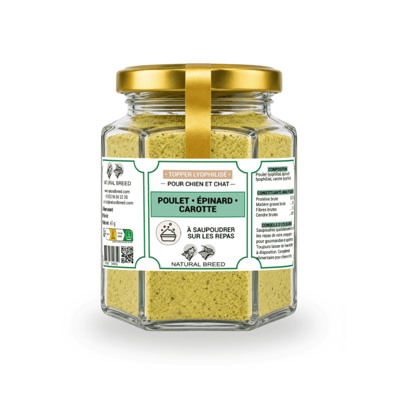 Topper Lyophilisé Poulet Épinard Carotte pour Chien et Chat | Natural Breed