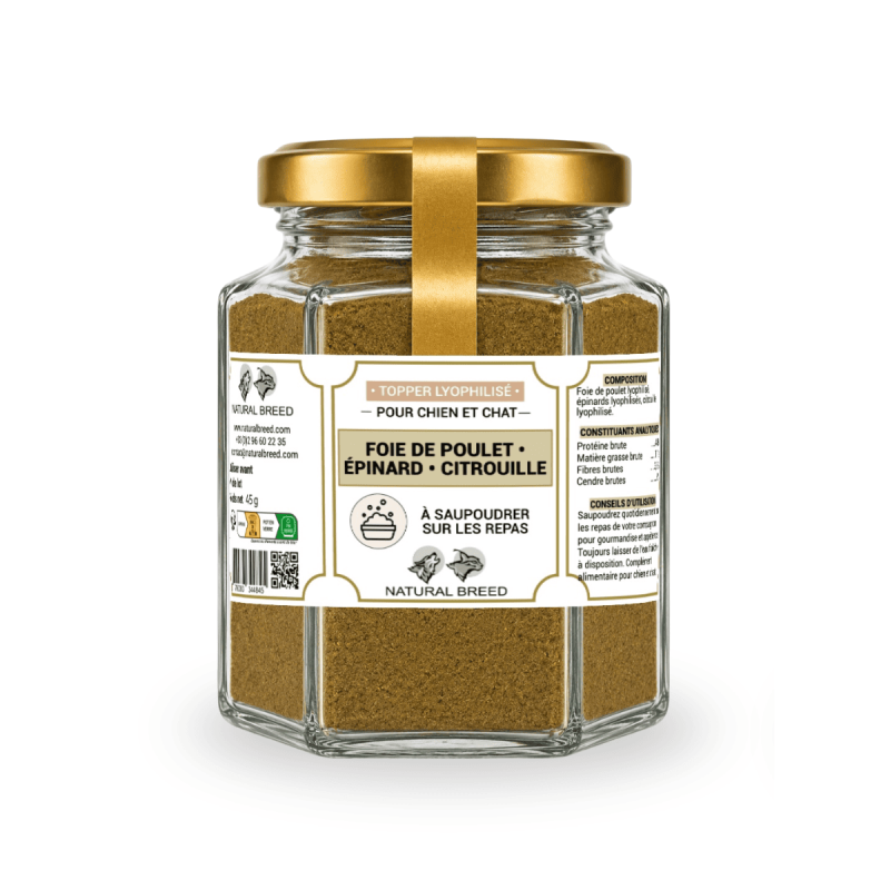Topper Lyophilisé Foie de Poulet Épinard Citrouille pour Chien et Chat | Natural Breed